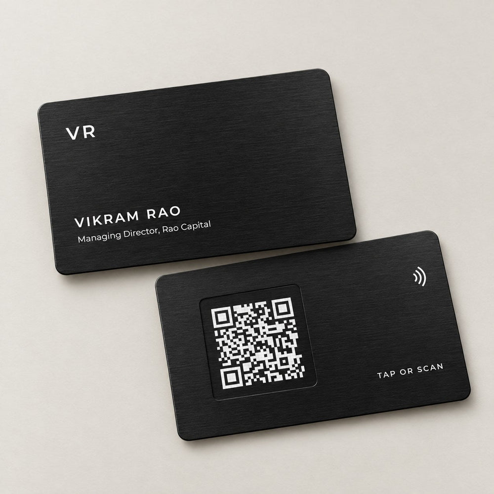 Black metal NFC business card, front and back, QR code in the chip pocket