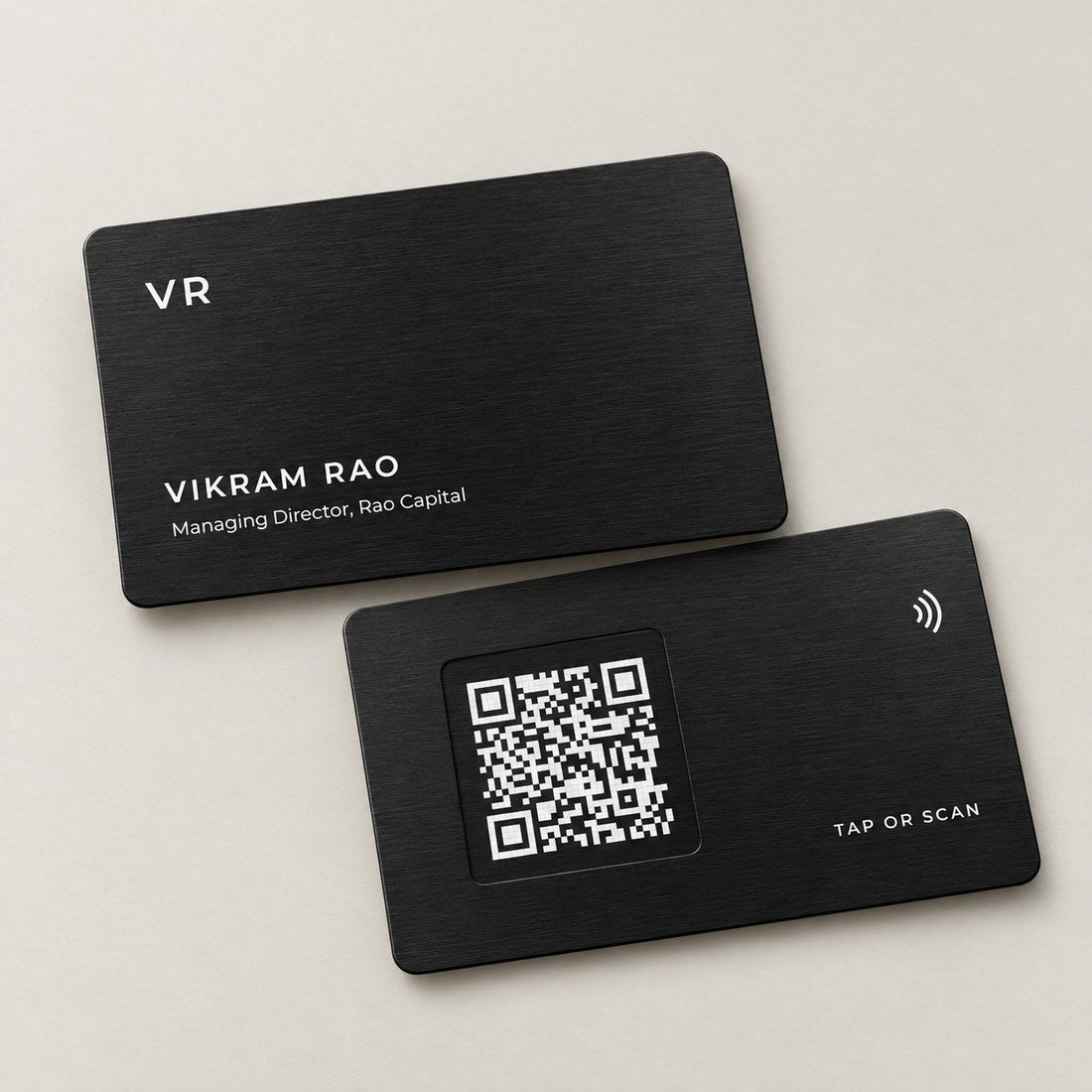 Black metal NFC business card, front and back, QR code in the chip pocket