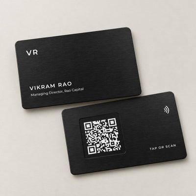 Black metal NFC business card, front and back, QR code in the chip pocket