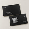 Black metal NFC business card, front and back, QR code in the chip pocket