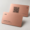 Rose Gold metal NFC business card, front and back, QR code in the chip pocket