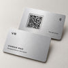 Silver metal NFC business card, front and back, QR code in the chip pocket