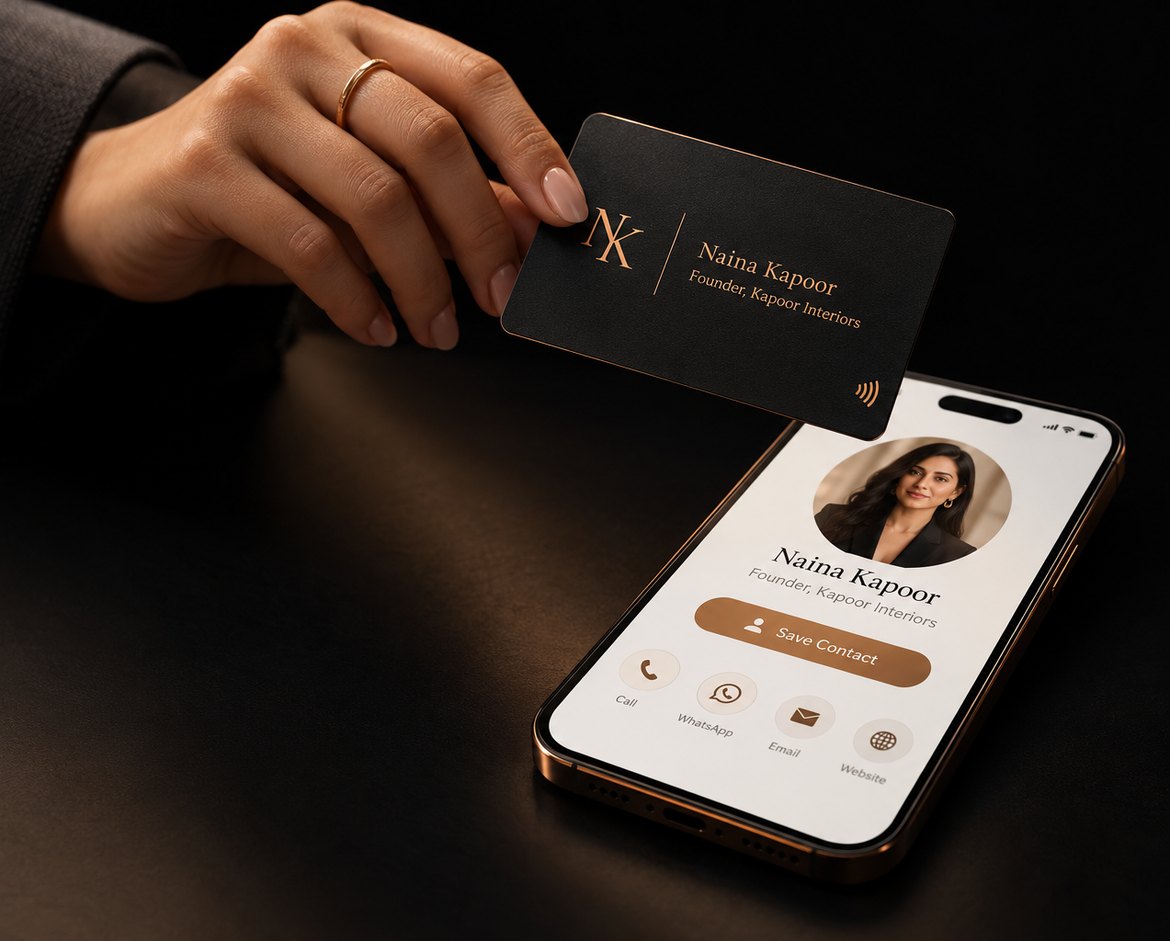 A Rizely NFC business card tapped on a phone, opening a digital profile