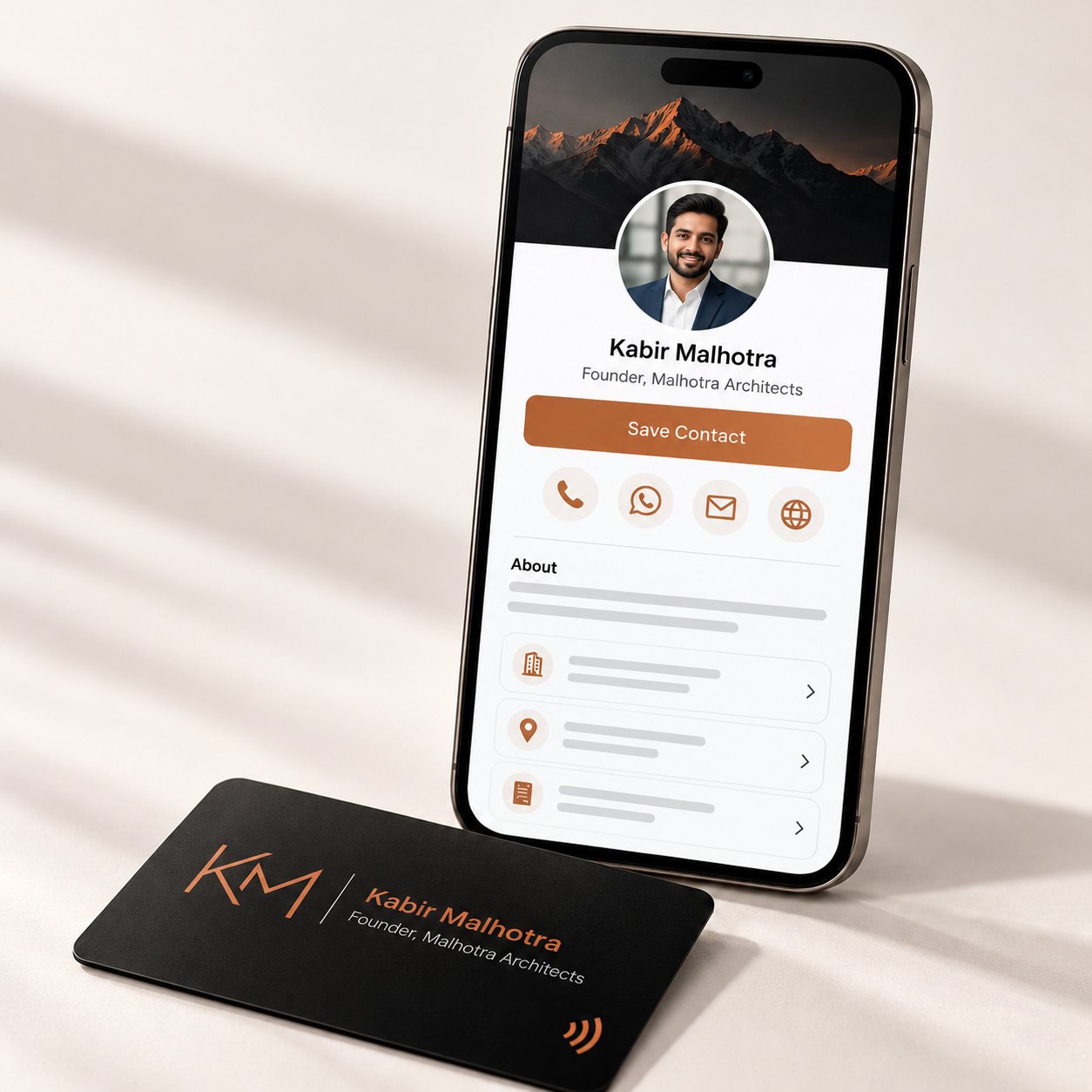 A Rizely digital profile open on a phone next to a black NFC card